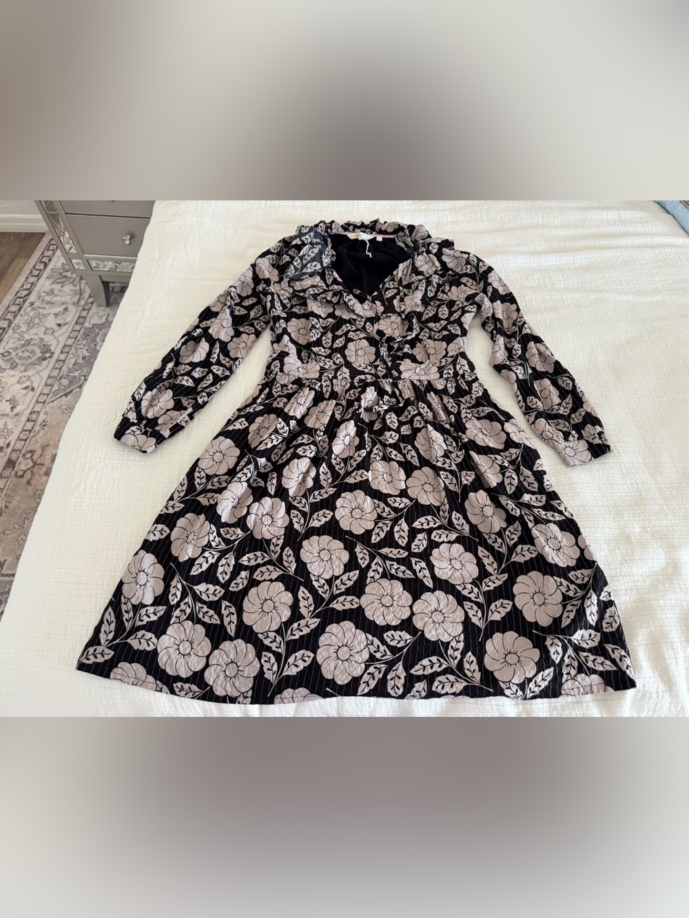 Boden Black Floral Metallic Stripe Ruffle Midi Dress Size US 6L UK 10L